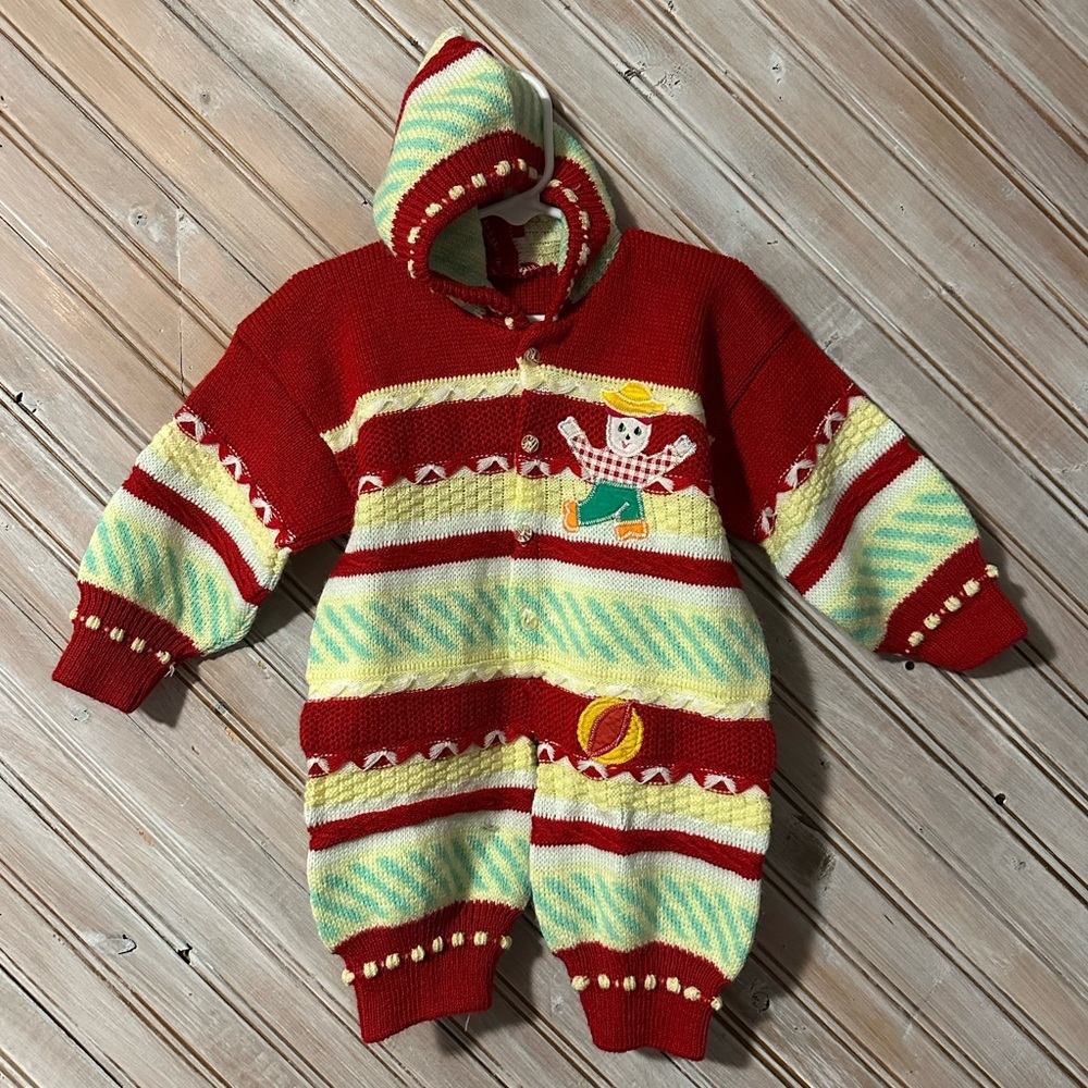 Vintage Hand Knit Patchwork Red Yellow Green Striped Embellished Kids Bodysuit